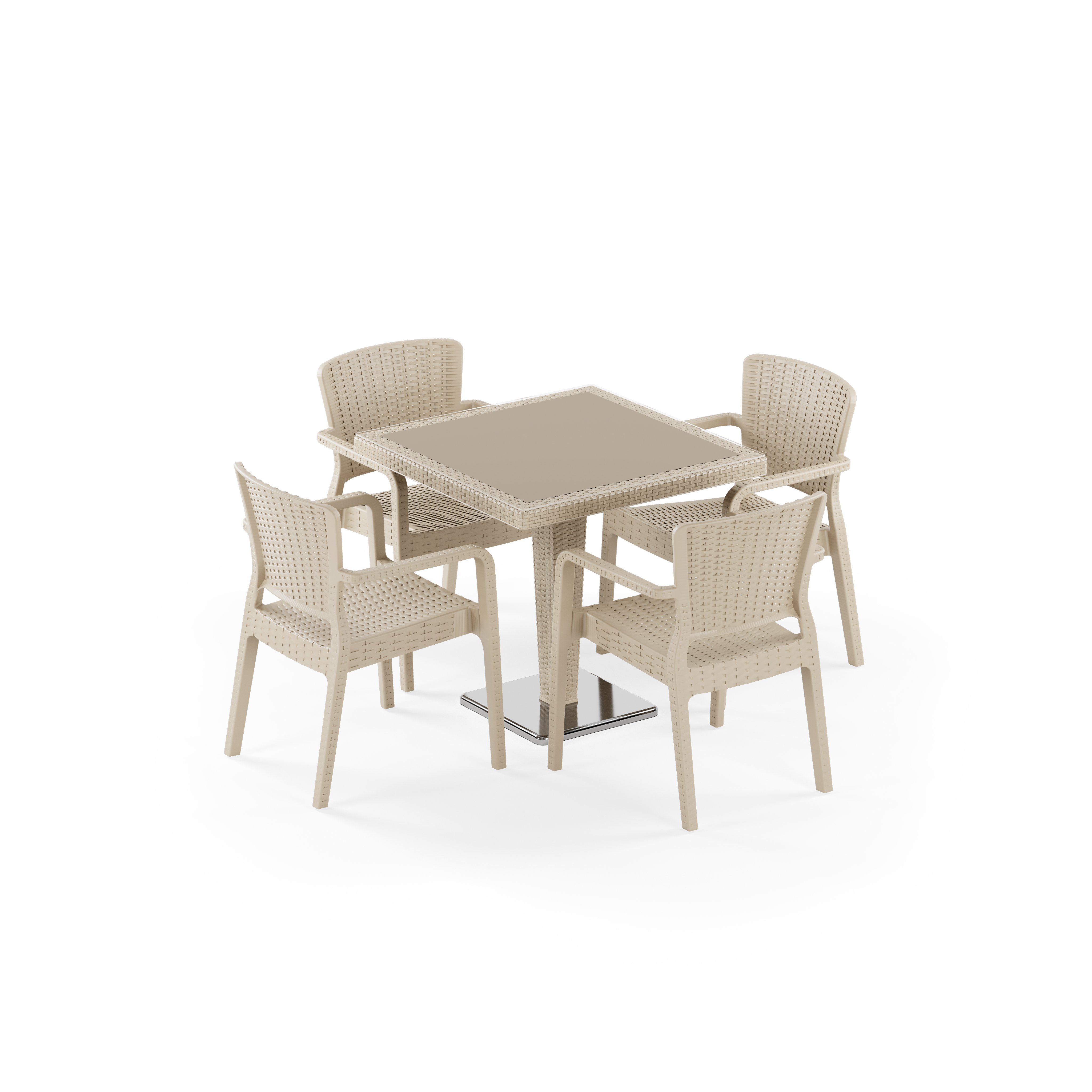 Antares Krom Ayak Camlı 80X80 &amp;amp;amp; Antares Koltuk 4 Kişilik Rattan Masa Takımı